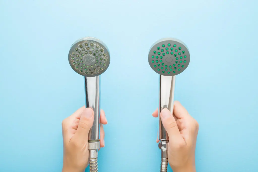 person holding two different shower heads