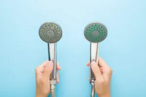 Hard Water in Salt Lake City: How It Damages Pipes and Water Heaters - Just Right person holding two different shower heads