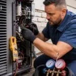 HVAC technician performing emergency AC repair in South Salt Lake UT, testing wiring and electrical components on an outdoor air conditioning unit.