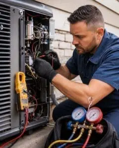 HVAC technician performing emergency AC repair in South Salt Lake UT, testing wiring and electrical components on an outdoor air conditioning unit.