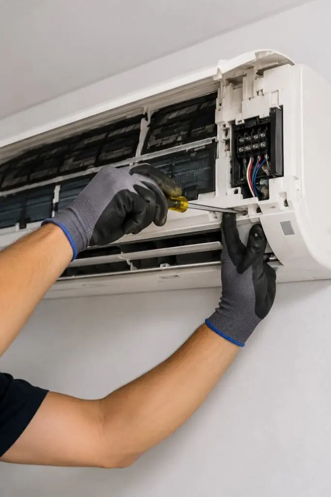 Technician repairing an indoor AC unit in South Salt Lake UT, using a screwdriver on the open wall-mounted air conditioner.