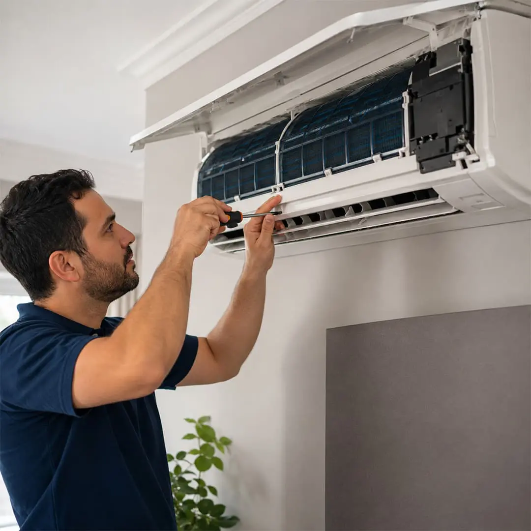 HVAC technician repairing an indoor air conditioning unit, using a screwdriver to service the wall-mounted AC system.