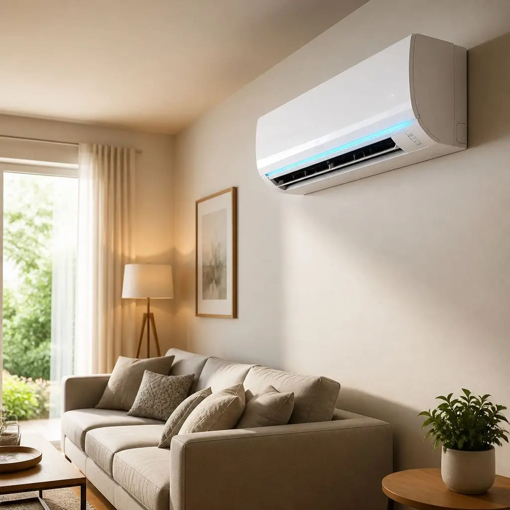 Newly installed wall-mounted mini-split AC unit with blue indicator light cooling a warm bright living room in American Fork UT