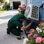 HVAC technician kneeling to inspect and service a wall-mounted mini-split AC unit at a Bluffdale UT home