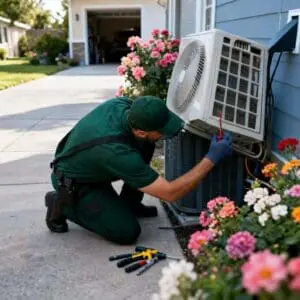 HVAC technician kneeling to inspect and service a wall-mounted mini-split AC unit at a Bluffdale UT home