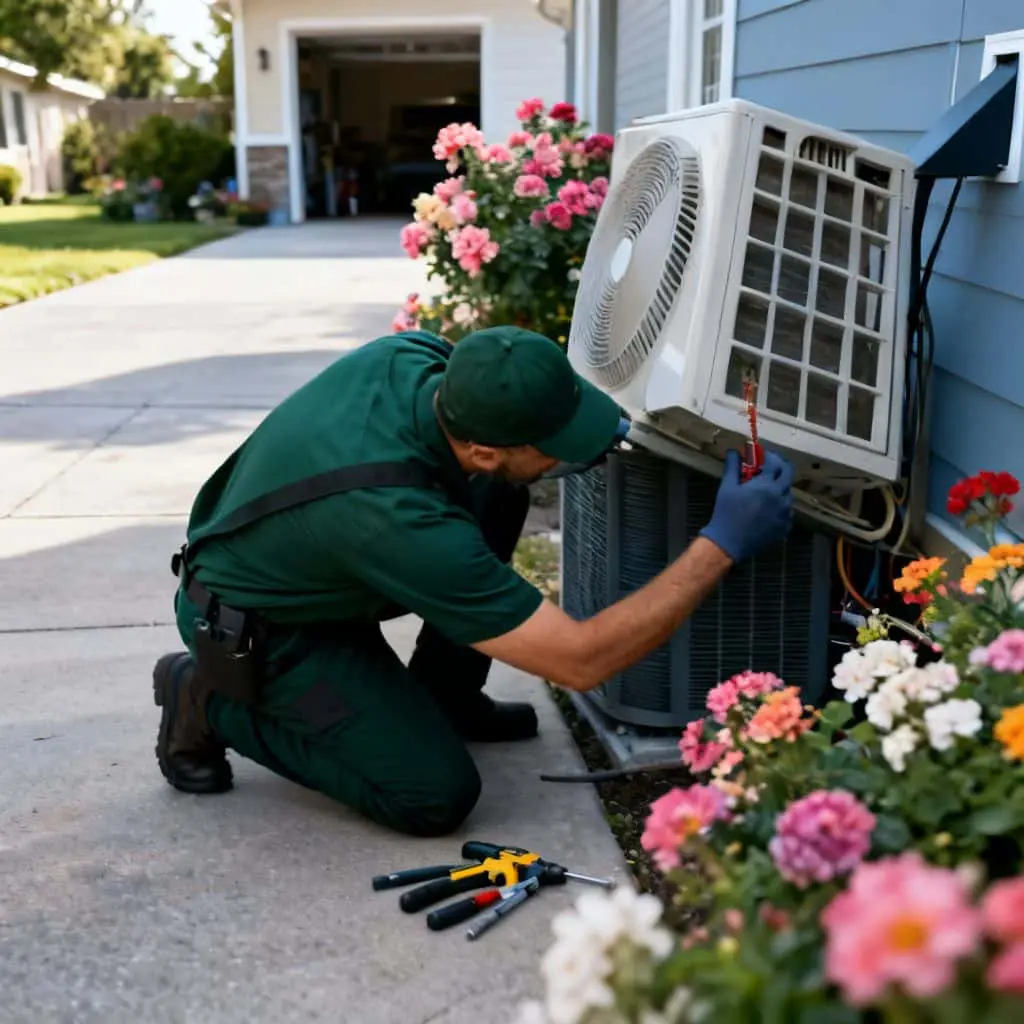 HVAC technician kneeling to inspect and service a wall-mounted mini-split AC unit at a Bluffdale UT home