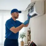 Uniformed HVAC technician in blue using a screwdriver and flashlight to service a wall-mounted mini-split unit indoors