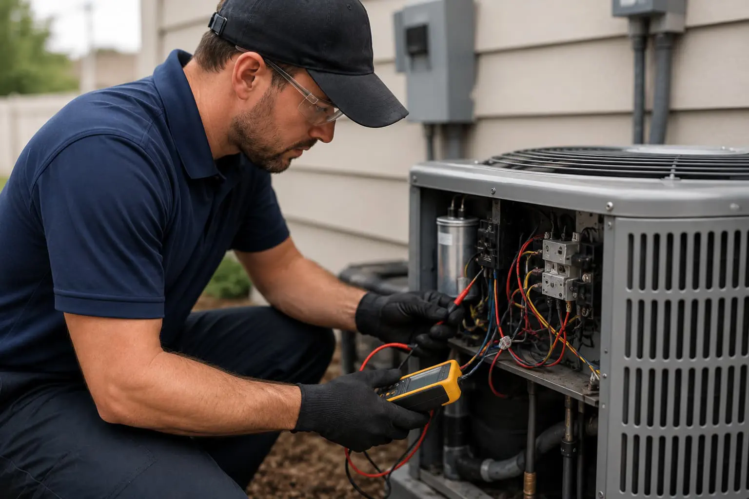HVAC technician performing emergency AC repair on an outdoor condenser