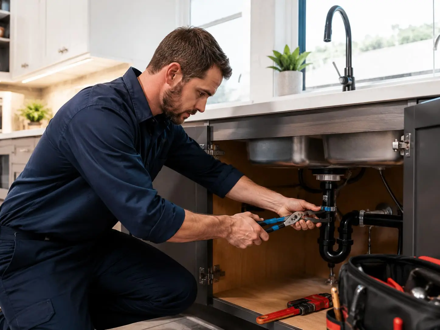 Professional plumber repairing pipes under a kitchen sink in Alpine, UT
