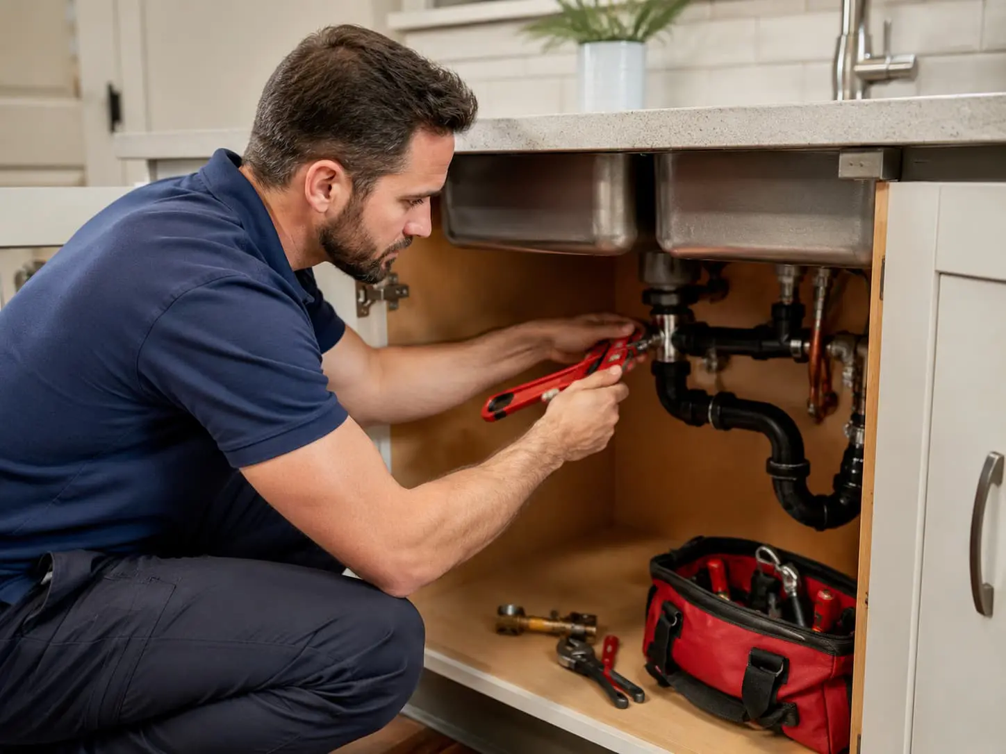 Professional plumber repairing kitchen sink pipes in South Salt Lake, UT