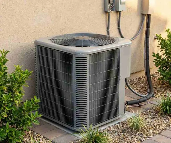 Clean residential outdoor AC condenser unit installed beside a home in Bluffdale UT