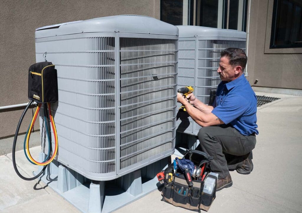 Air Conditioning Maintenance - Just Right just right employee doing maintenance on an air conditioning unit