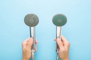 person holding two different shower heads