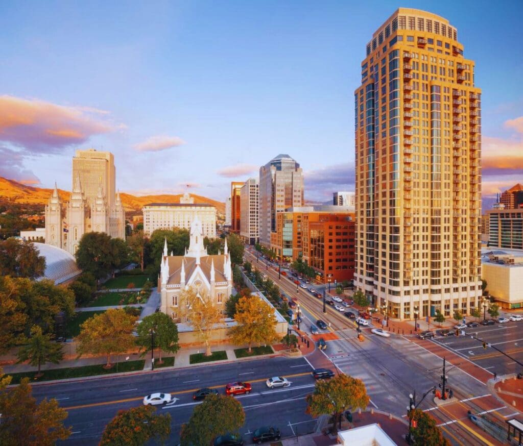 Downtown cityscape over Temple Square at dusk, Salt Lake City, UT