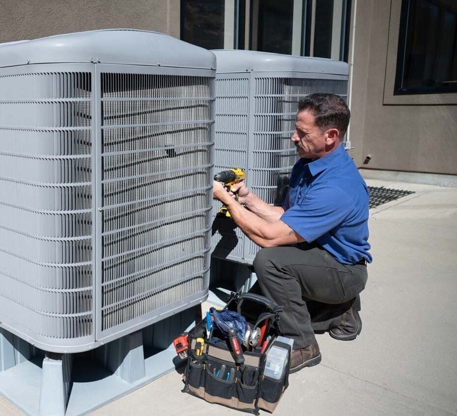 AC Maintenance Alpine UT service by Just Right Plumbing, Heating & Cooling shows a technician working beside large outdoor AC condenser units. The image shows a residential cooling system on a concrete pad, with the technician using a cordless drill and service tools nearby. Just Right Plumbing, Heating & Cooling serves Alpine, UT homeowners with AC maintenance, system checks, and seasonal cooling service. Call (801) 302-1154 for AC Maintenance Alpine UT service from a local HVAC team.
