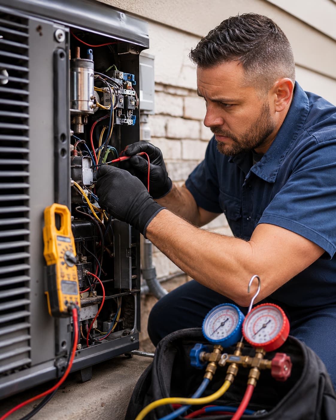 HVAC technician performing emergency AC repair in South Salt Lake UT, testing wiring and electrical components on an outdoor air conditioning unit.