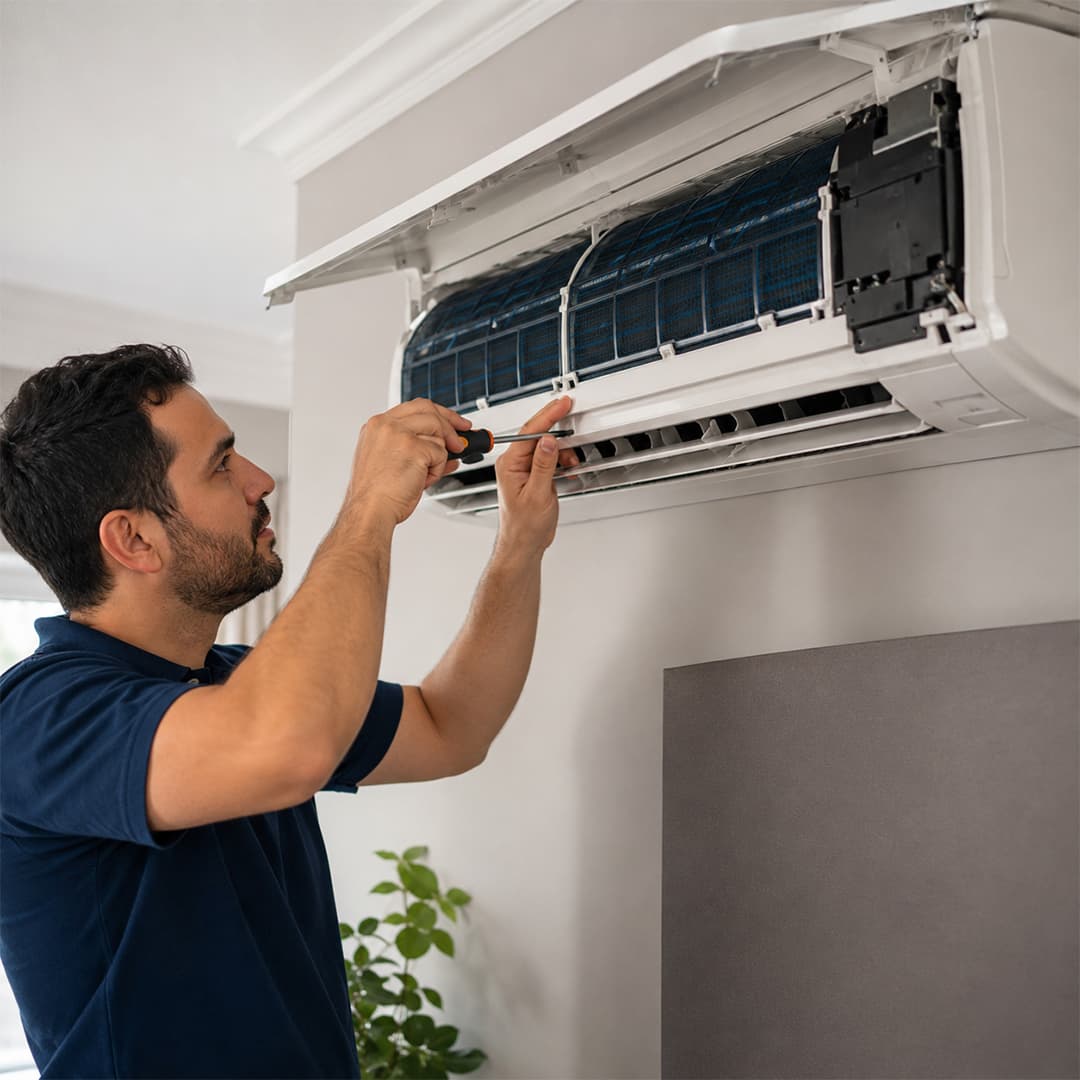 HVAC technician repairing an indoor air conditioning unit, using a screwdriver to service the wall-mounted AC system.