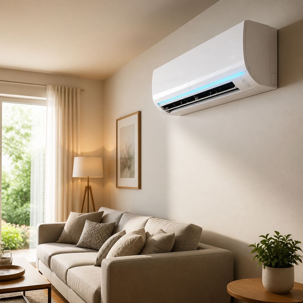 Newly installed wall-mounted mini-split AC unit with blue indicator light cooling a warm bright living room in American Fork UT