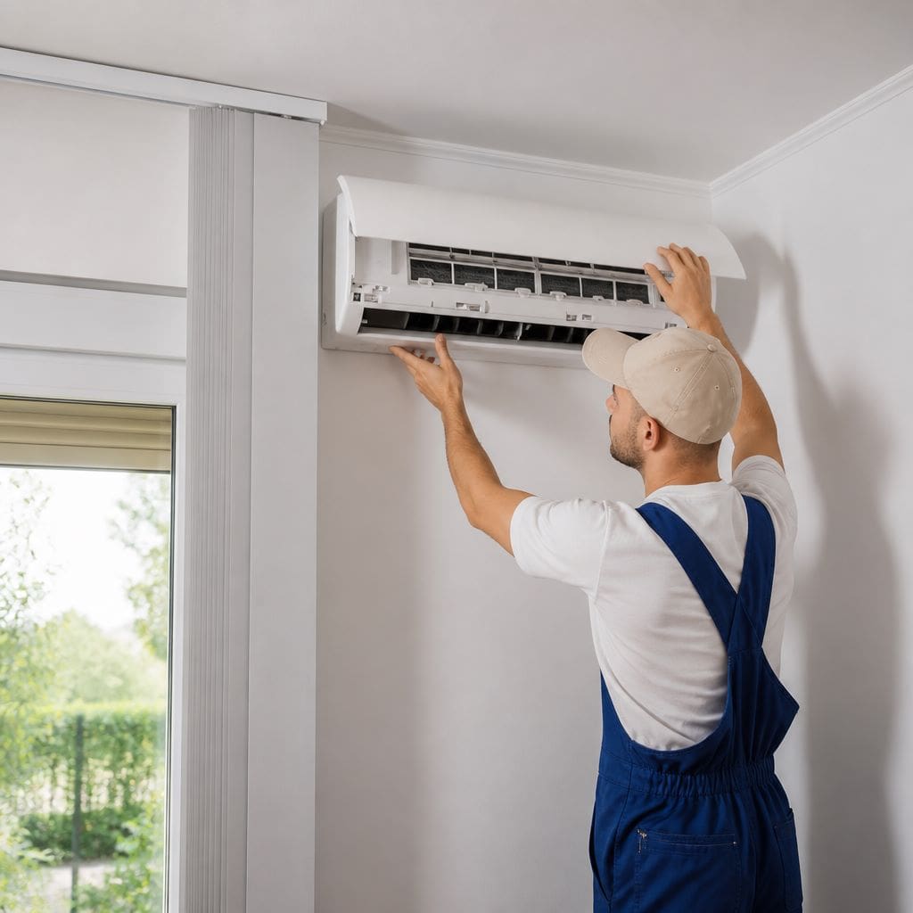 HVAC technician in blue overalls and cap installing a wall-mounted mini-split AC unit indoors in American Fork UT
