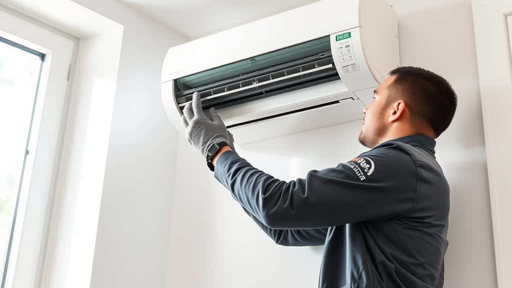 Uniformed technician in grey jacket and grey gloves carefully installing a wall-mounted mini-split AC unit indoors near a bright window in Bountiful UT