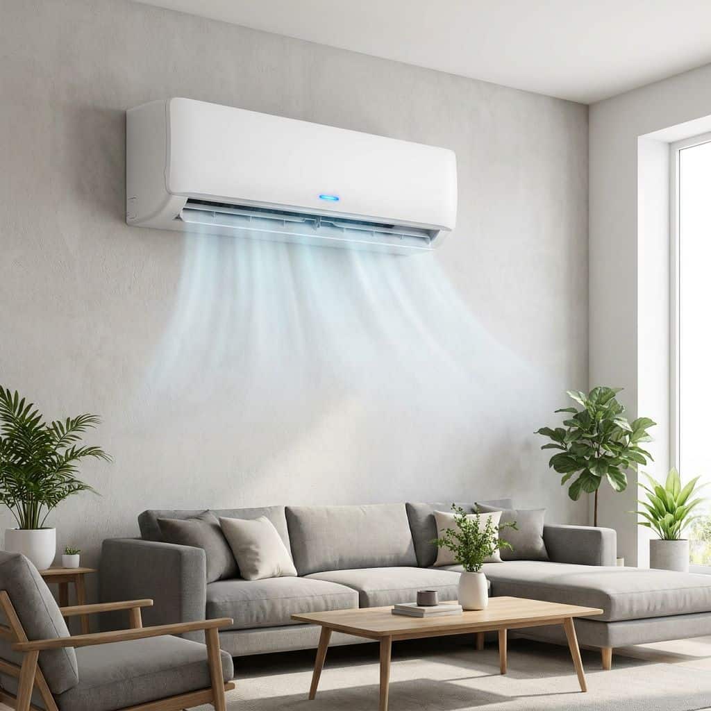 Newly installed wall-mounted mini-split AC unit blowing cool air across a bright modern living room in Layton UT
