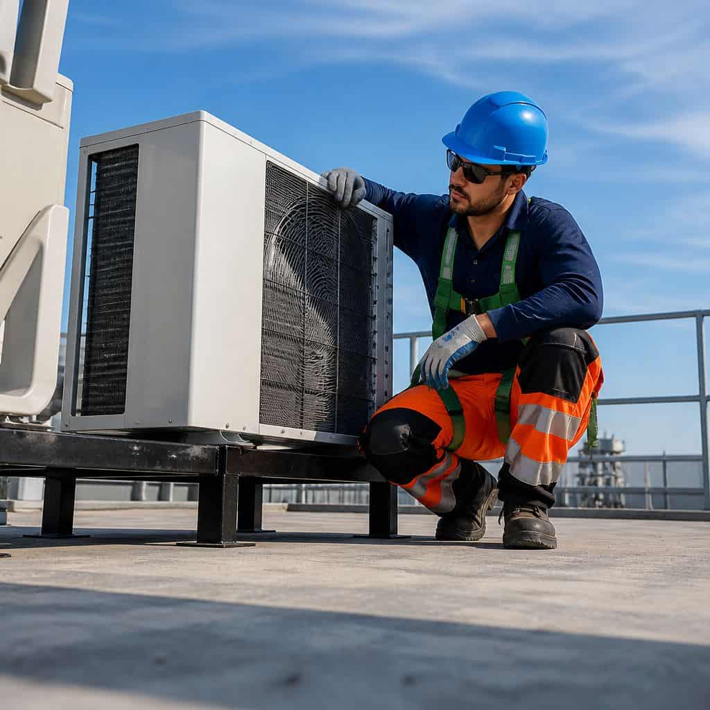 Safety-geared technician in hard hat and high-visibility vest positioning an outdoor AC condenser unit on a rooftop in Layton UT