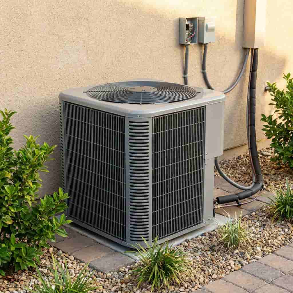 Clean residential outdoor AC condenser unit installed beside a home in Bluffdale UT