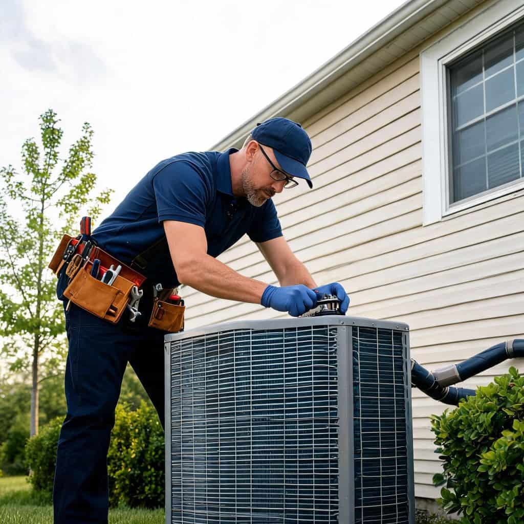 HVAC technician performing AC maintenance on an outdoor condenser unit in Bluffdale UT
