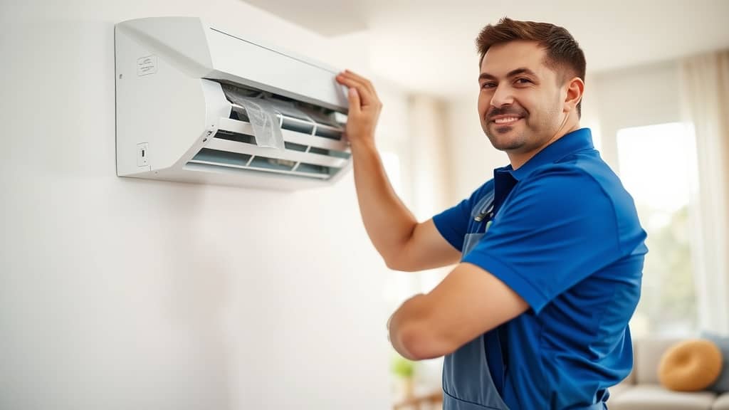 Smiling HVAC technician in blue polo shirt and apron securing a wall-mounted mini-split AC unit in a bright residential room in Bountiful UT
