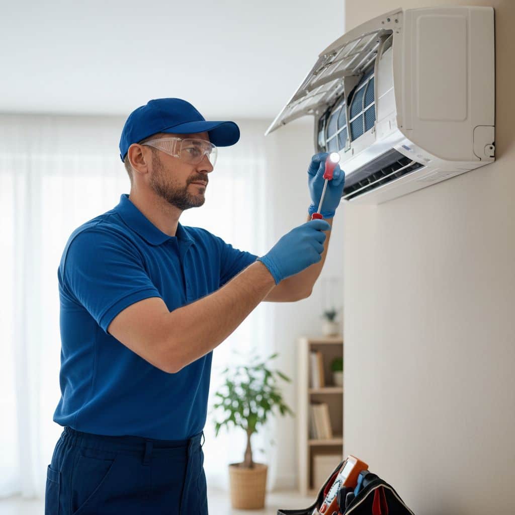 Uniformed HVAC technician in blue using a screwdriver and flashlight to service a wall-mounted mini-split unit indoors