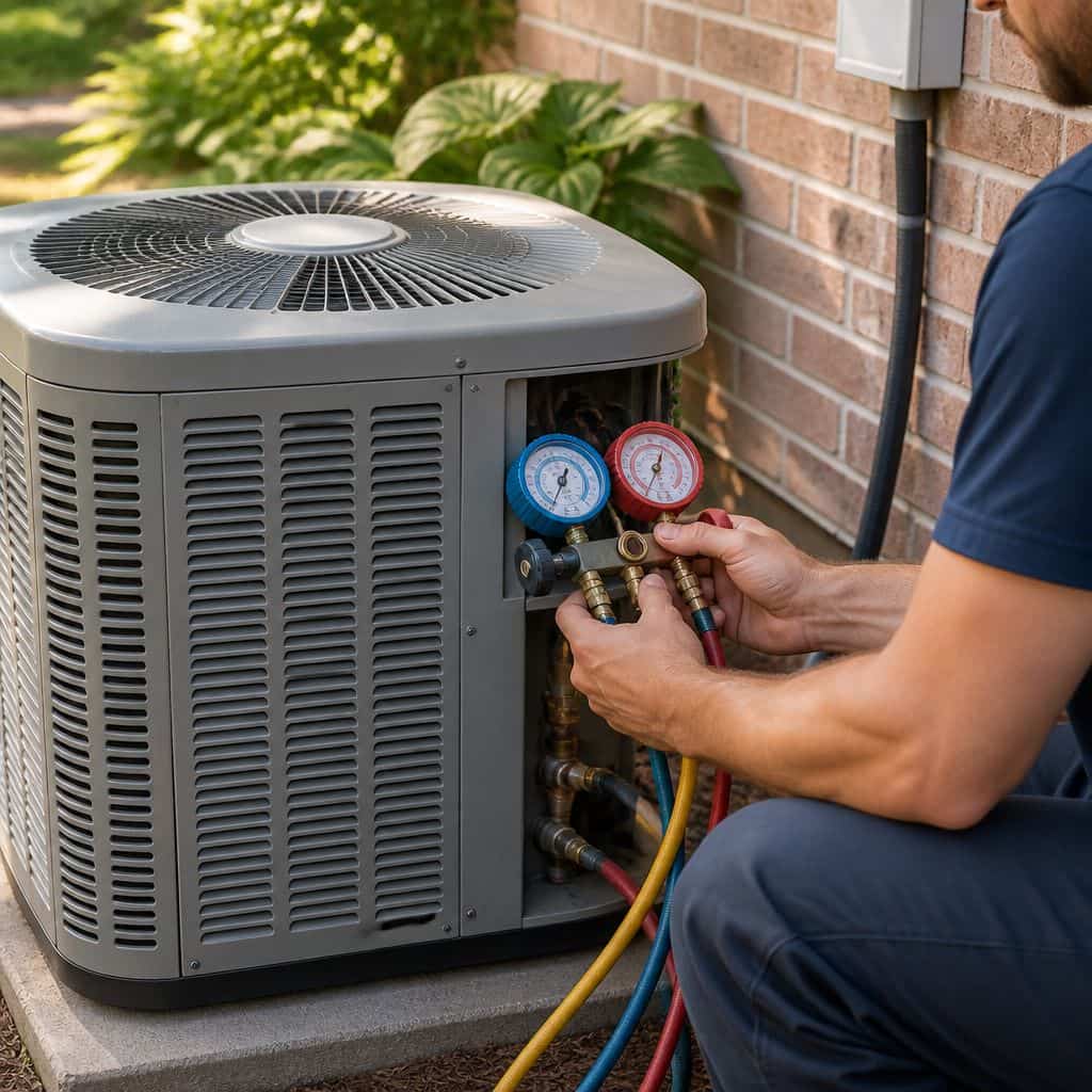HVAC technician using manifold gauges to check refrigerant levels on a heat pump outdoor unit in Pasadena CA