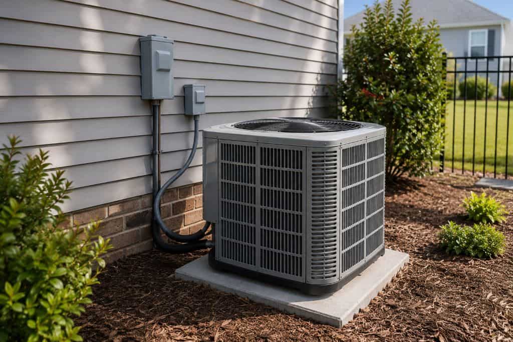 Outdoor AC condenser beside a home for an HVAC & Plumbing Company in American Fork, UT.