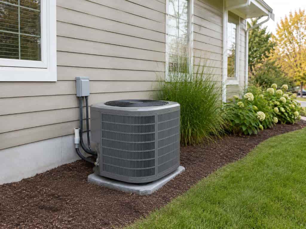 Residential outdoor AC condenser installed beside a home in Benjamin, UT.