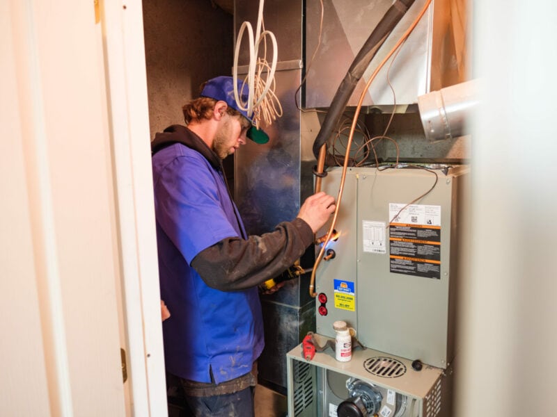 Technician installing new furnace for Just Right Furnace Giveaway 2023
