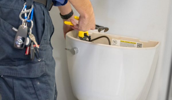 plumber fixing the back of a toilet